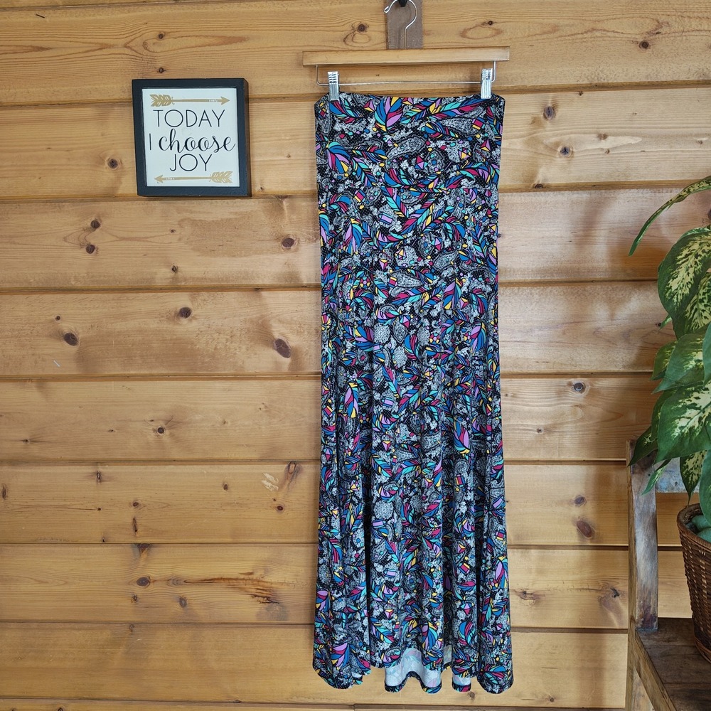 Lularoe Maxi‎ Skirt Feathers Geometric Stretch Simply Comfortable Boho Ruffle XS